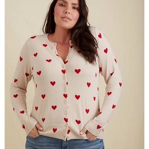 OATMEAL & RED HEARTS COTTON BUTTON FRONT CARDIGAN